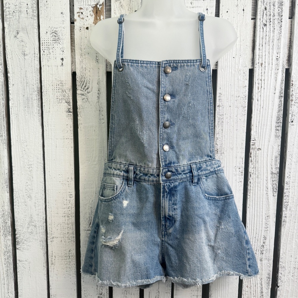Tinsel Town Distressed Denim Overalls Women L Jean Shorts Button Front 90s Style